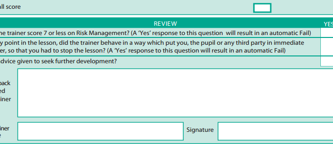 Part of the Standards Check form, assessing the competence of all UK driving instructors